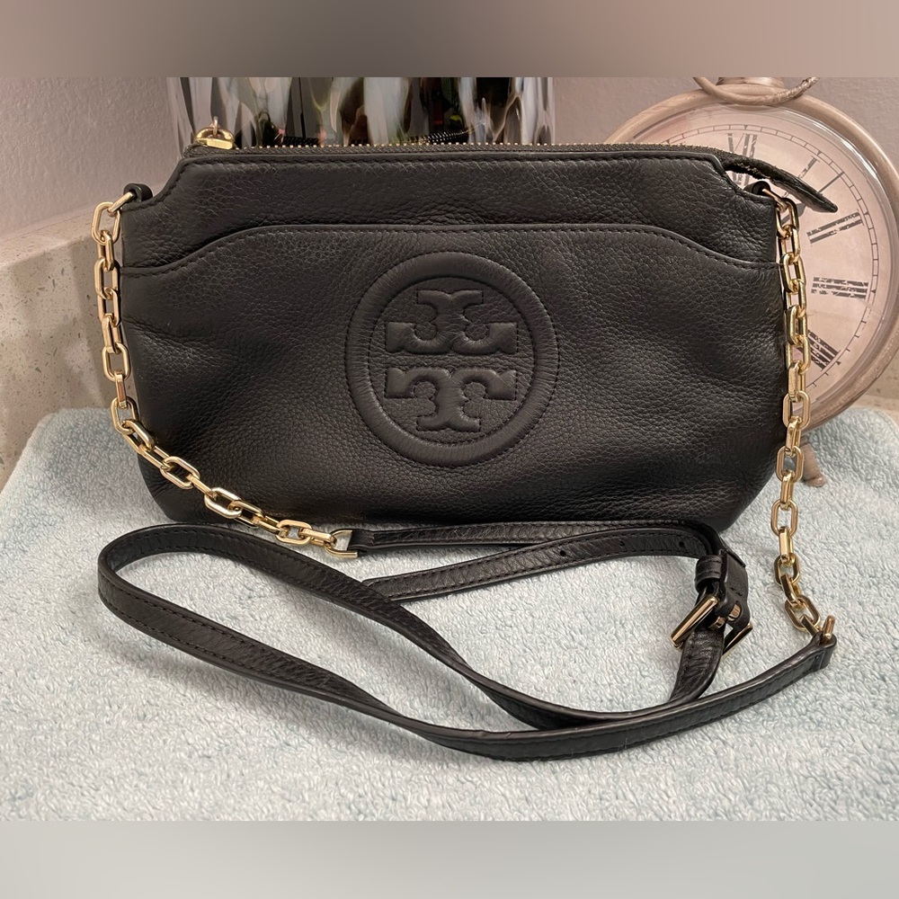 Tory Burch Bombe Black Leather Crossbody with Gold Chain Accents